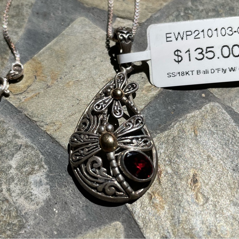 SS/18K Gold Bali garnet pendant necklace